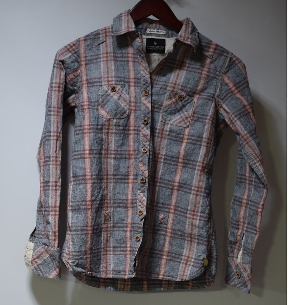 Maison Scotch - Scotch & Soda Plaid Button Up Shirt Small Gray Pink Long Sleeve